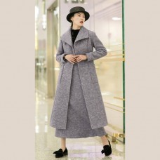 New light purple woolen outwear trendy plus size tei waist long coats pockets coats